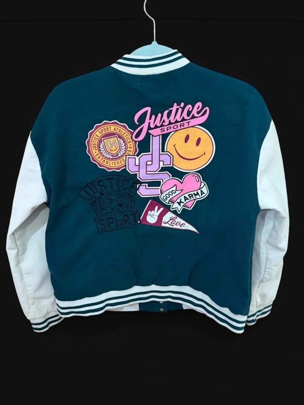 Justice Teal and White Varsity-Style Jacket with Patches